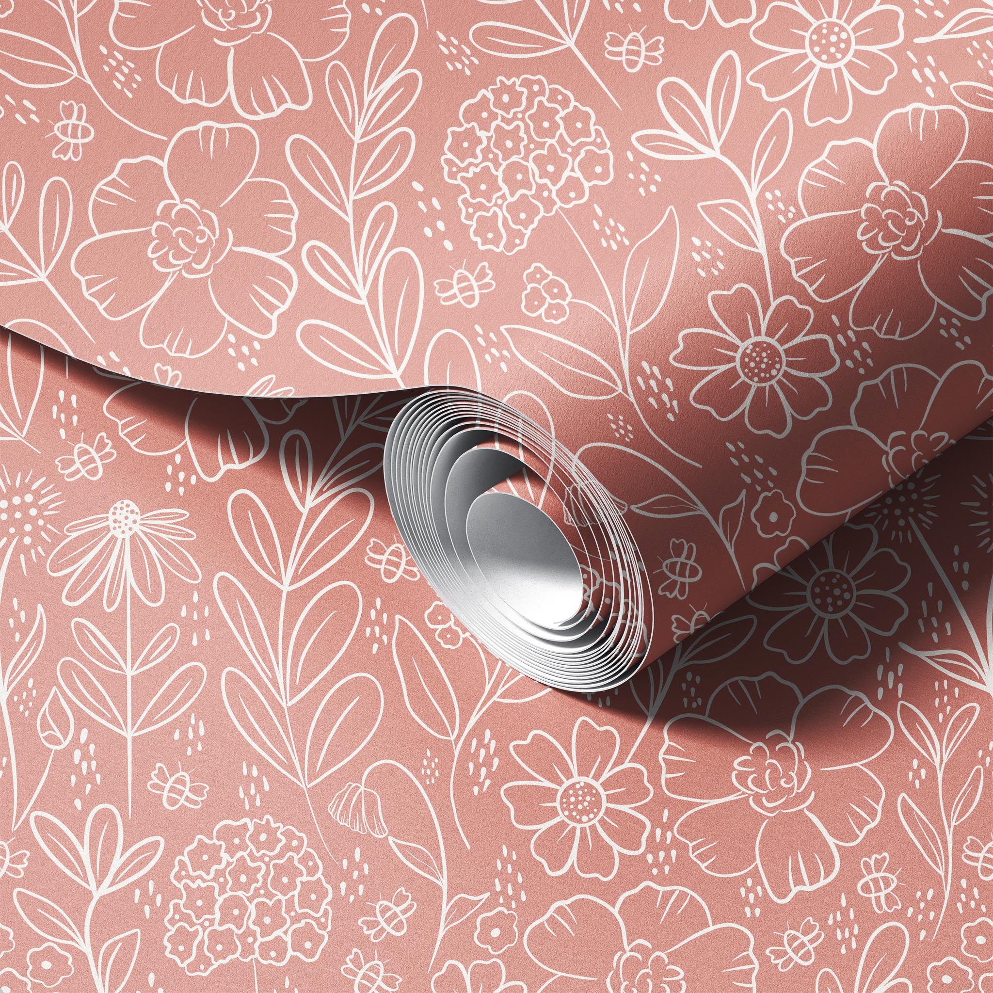 Peach Beige Meadow peel and stick wallpaper room mockup
